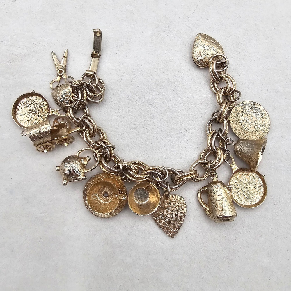 Vintage Gold Tone Charm Bracelet Homestead Pioneer Country Wagon Teapot Dishes